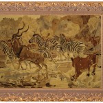 معرق چوب - صحنه شکار ماده شیرها